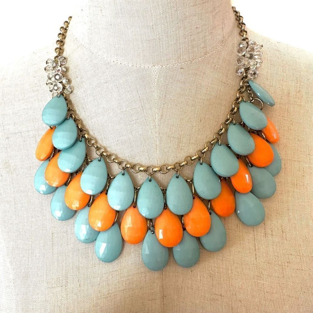 Orange and blue teardrop double strand statement necklace